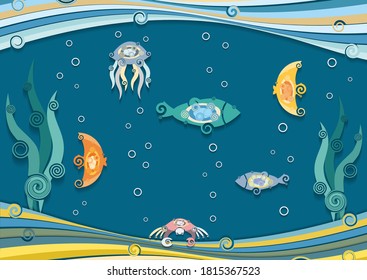Abstract Decorative Fish. Cartoon Style, Paper Cut