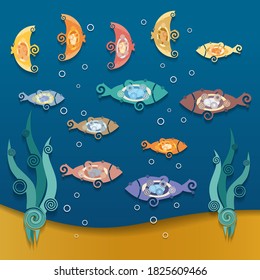Abstract decorative fish. Cartoon style, paper cut