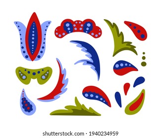 Abstract decorative floral element set for creating ornament, pattern. Blue, green and red hand drawn icons, fantasy flower. Flat isolated vector, white background
