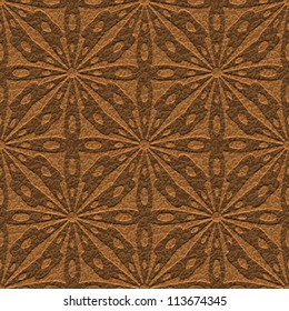 Abstract decorative floral grid ornament carving on textured leather background. Seamless pattern. Vector.