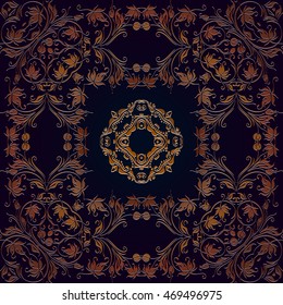 abstract decorative floral pattern element of the weave embossed symmetrical shape bronze color lines on a dark background