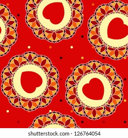 Abstract decorative floral seamless pattern with hearts. EPS10 vector illustration. Swatch included.