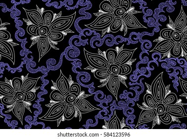 Abstract decorative floral seamless pattern with ornamental flowers with lacy petals and colored curling figured lines