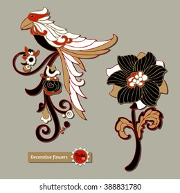 Abstract decorative flowers with a Bird. Parrot and Flowers isolated with shadows on the grey background. Color floral pattern, elements for design. Modern style. Vector illustration