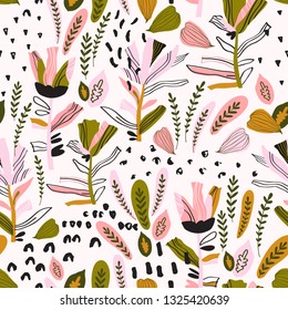 Abstract decorative flowers and leaves background. Detailed foliage seamless pattern with decorated flowers, petals, leaf, doodle elements. Hand painted colorful floral illustration in authentic style