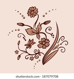 Abstract Decorative Flowers - Vector Brown Ornament Isolated On Bright Brown Background