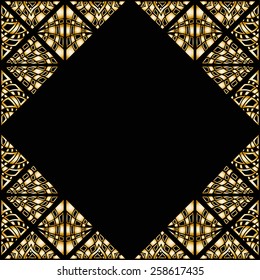 Abstract decorative frame border, ornamental illustration. Gold and black geometric background