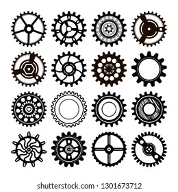 Abstract decorative gear wheels black and white vector icon set.  