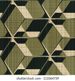 Abstract decorative geometric construction printed on textured linen canvas background. Seamless pattern. Vector.