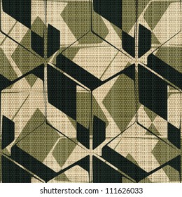 Abstract decorative geometric construction printed on textured linen canvas background. Seamless pattern. Vector.