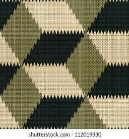 Resumen de cubos geométricos decorativos con formas de ilusión imprimidas sobre el fondo de tela de lino texturado. Patrón sin foco. Vector.