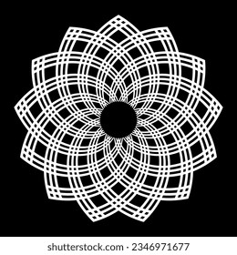 Abstract Decorative Geometric Round Radial White Lacy Pattern on Black Background. Vector Art.