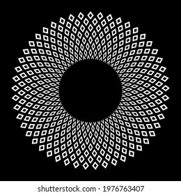 Abstract decorative geometric white circle pattern on black background. Vector art.