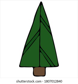 abstract decorative green tree, cute winter doodles, vector set of elements in doodle style