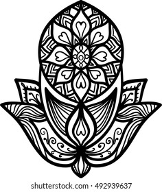 Abstract decorative hamsa or Fatima hand pattern. Vector illustration. Bohemian, boho, ethnic, hippie motifs. Design element for yoga mat, wall art, stickers, tattoo, tapestry, clothes, stationery.