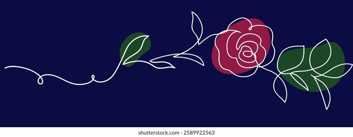 Abstract decorative horizontal border element with red rose and leaf. Beautiful blossoming hand drawn flower on dark blue background. Line art for frame design. Vector stock illustration.