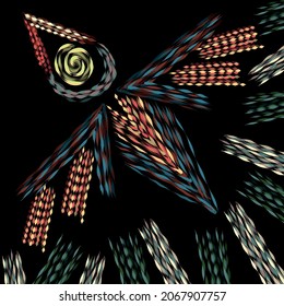 Abstract decorative image of flying bird on the black background. Can be used as print for clothes, interior design, as element for different digital projects `(wallpaper, website, etc).