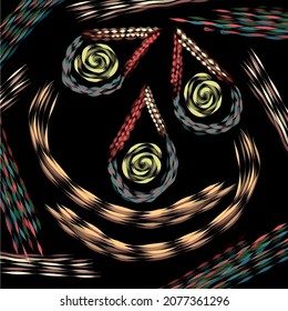 Abstract decorative image of three birds in the nest on the black background. Can be used as print for clothes, interior design, as element for different digital projects `(wallpaper, website, etc).