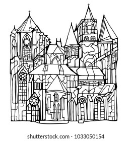Abstract decorative line art vector illustration featuring fictional Gothic city with medieval churches, towers and stained glass windows. Hand drawn.
