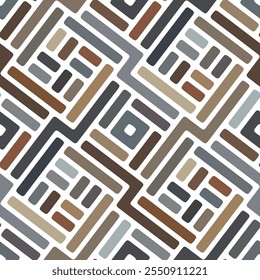 Labirinto decorativo abstrato com linhas diagonais multicoloridas em marrom, cinza e bege em um fundo branco. Design de estilo retrô. Padrão geométrico contínuo. Ilustração vetorial.