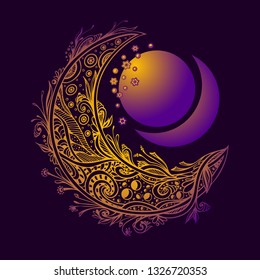 Abstract  with Decorative Moon or Crescent and Sphere  in lilac violet gold. Symbol of  Magic or Esoteric or Wonderland  or occultism. For decoration different things