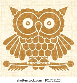 Abstract decorative owl printed on vintage textured surface. Vector.