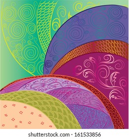 an abstract decorative pattern is in yellow, lilac, blue and green colors