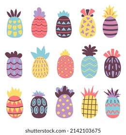 Abstract decorative pineapple. Contemporary design pineapples, modern fruits stickers. Juice textured elements, baby scandinavian style decent vector set