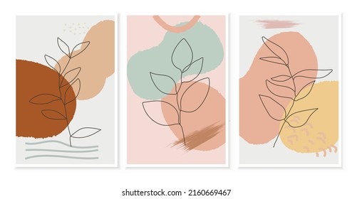Abstract decorative poster, picture, art with branches and leaves in boho style on the background of geometric shapes. Vector poster.