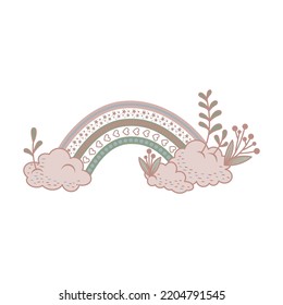 Abstract decorative rainbow and clouds in trendy scandinavian style. Vector illustration. Boho pastel arc.