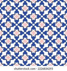 Abstract Decorative Retro Houndstooth Seamless Pattern Tile Style Traditional Geometric Pattern Trendy Fashion Colors Perfect for Allover Fabric Print or Wallpaper Print Royal Blue Pastel Pink Tones