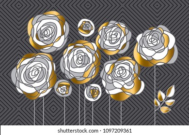 Abstract decorative rose flowers design element. Gold and gray floral motif for header, card, invitation, poster, cover and other web and print design projects. stock vector illustration.
