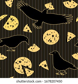 Abstract decorative seamless background. Ornamental pattern with stylized black crows and pieces of cheese. Vector illustration. 