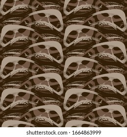 Textura de fondo sin fisuras decorativa abstracta con 
la imagen de los cráneos sonrientes. Motivo de horror al contrario.