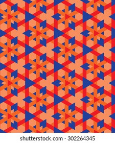Abstract decorative seamless geometrical pattern of triangles in blue, red and orange shades