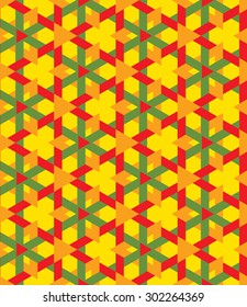 Abstract decorative seamless geometrical pattern of green, orange and red triangles on yellow background