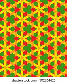Abstract decorative seamless geometrical pattern of green, orange and red triangles on yellow background