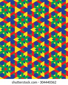 Abstract decorative seamless geometrical pattern of multicolor triangles on blue background