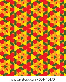 Abstract decorative seamless geometrical pattern of green, orange and yellow triangles on red background