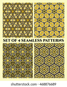 Abstract decorative seamless geometrical patterns of grey, blue and yellow shades