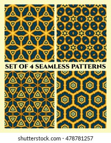 Abstract decorative seamless geometrical patterns of different shapes in blue, brown and yellow shades