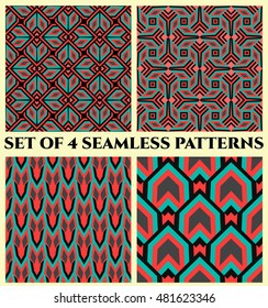 Abstract decorative seamless geometrical patterns of red, black, grey and turquoise shades
