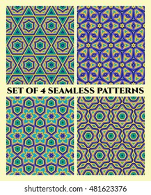 Abstract decorative seamless geometrical patterns of blue, green, yellow and violet shades