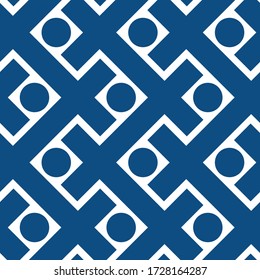 Abstract decorative seamless pattern with geometric shapes. Blue elements on white backdrop. Endless background in minimal scandi style for wallpaper, wrapping or fabric