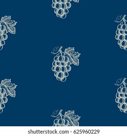 Abstract decorative seamless pattern with grapes bunch and leaves in sketch style on blue background vector illustration
