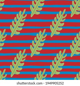 Resumen de un patrón impecable decorativo con formas de hojas tropicales verdes. Fondo rayado rojo y azul. Diseñado para el diseño de tejidos, impresión textil, envoltura, cubierta. Ilustración vectorial.