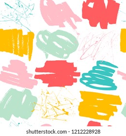 Abstract decorative seamless pattern with handdrawn shapes. Hand painted colorful design elements with rough edges on white backdrop. Endless background for decor, wrapping or cloth.