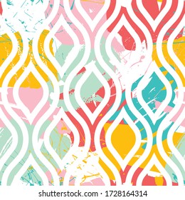 Abstract decorative seamless pattern with handdrawn shapes and geometric ornament. Hand painted colorful elements with white geomentic line on the top. Endless vector for wallpaper, wrapping or fabric