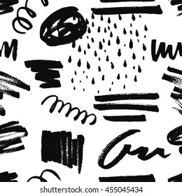 Abstract decorative seamless pattern with handdrawn shapes. Hand painted black design elements with rough edges on white backdrop. Endless background for decor, wrapping or cloth.