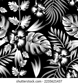 Abstract decorative seamless pattern with monochromatic tropical leaves. nature hand drawn illustration. Vintage exotic print. tropical wallpaper. vintage jungle illustration. dark background. spring
